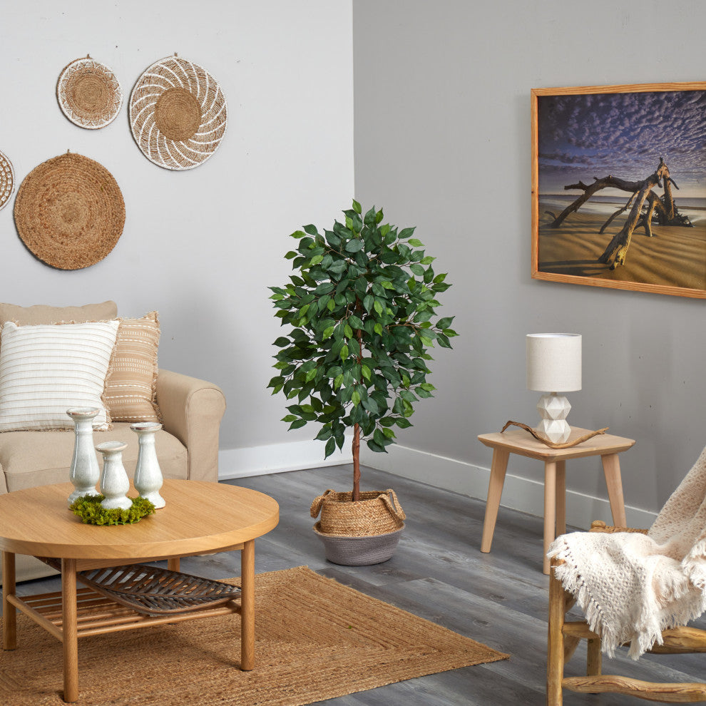 4' Ficus Artificial Tree in Boho Chic Handmade Cotton & Jute Gray Woven Planter