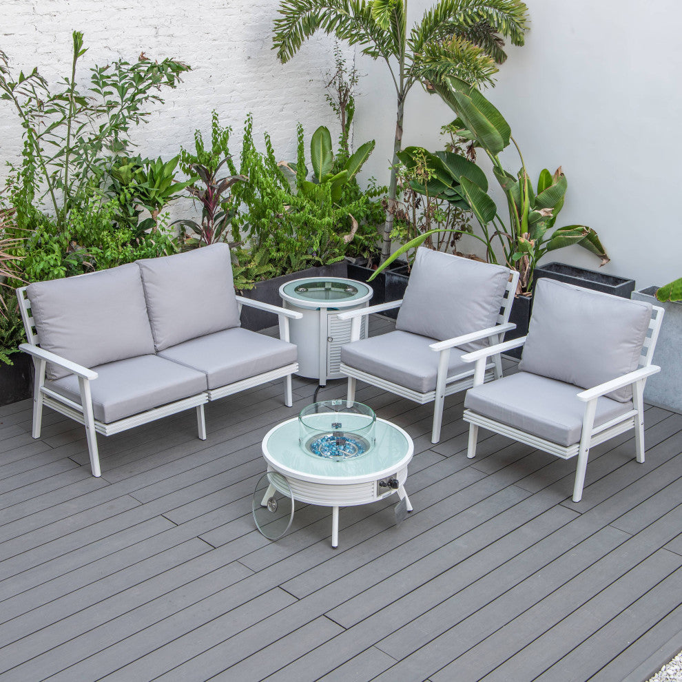 LeisureMod Walbrooke Patio Conversation Set With Fire Pit Table, Light Grey