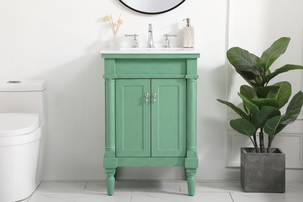 24" Single Bathroom Vanity, Vintage Mint With Ivory White Engineered Marble