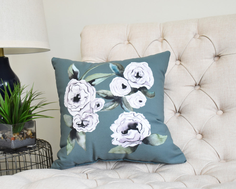 Radiant Rose 16" Green Floral Print Decorative Throw Pillow