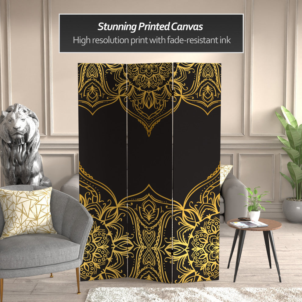 6'' Tall Double Sided Black Indian Pattern Canvas Room Divider