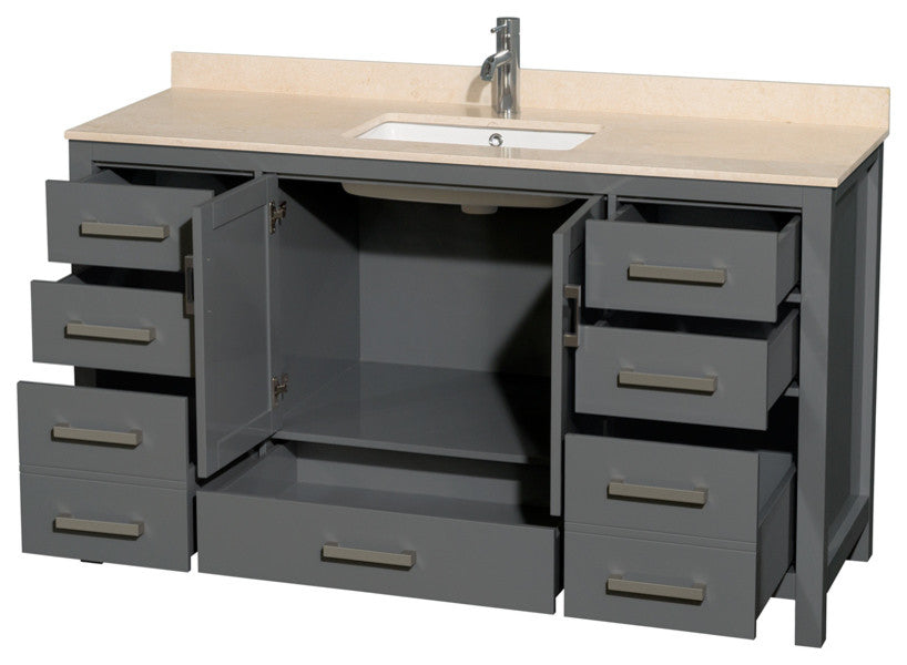 Sheffield 60" Dark Gray Single Vanity, Ivory Marble Top, Um Sq Sink, No