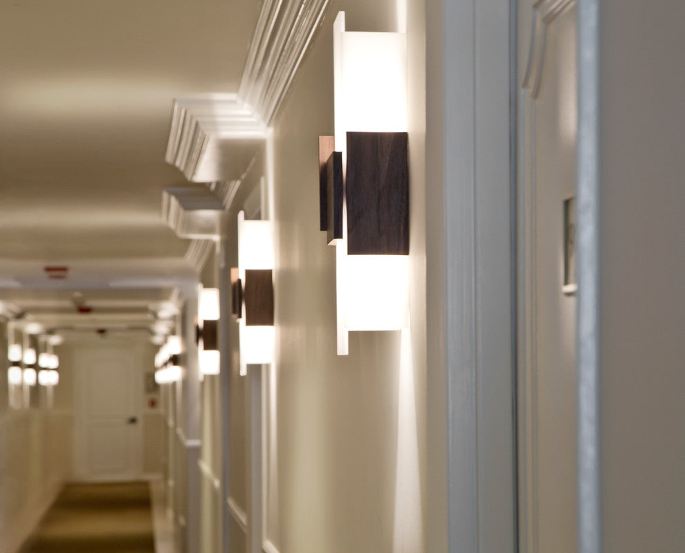 Acuo LED Wall Sconce, Brushed Aluminum, Frosted, Dark Stained Walnut