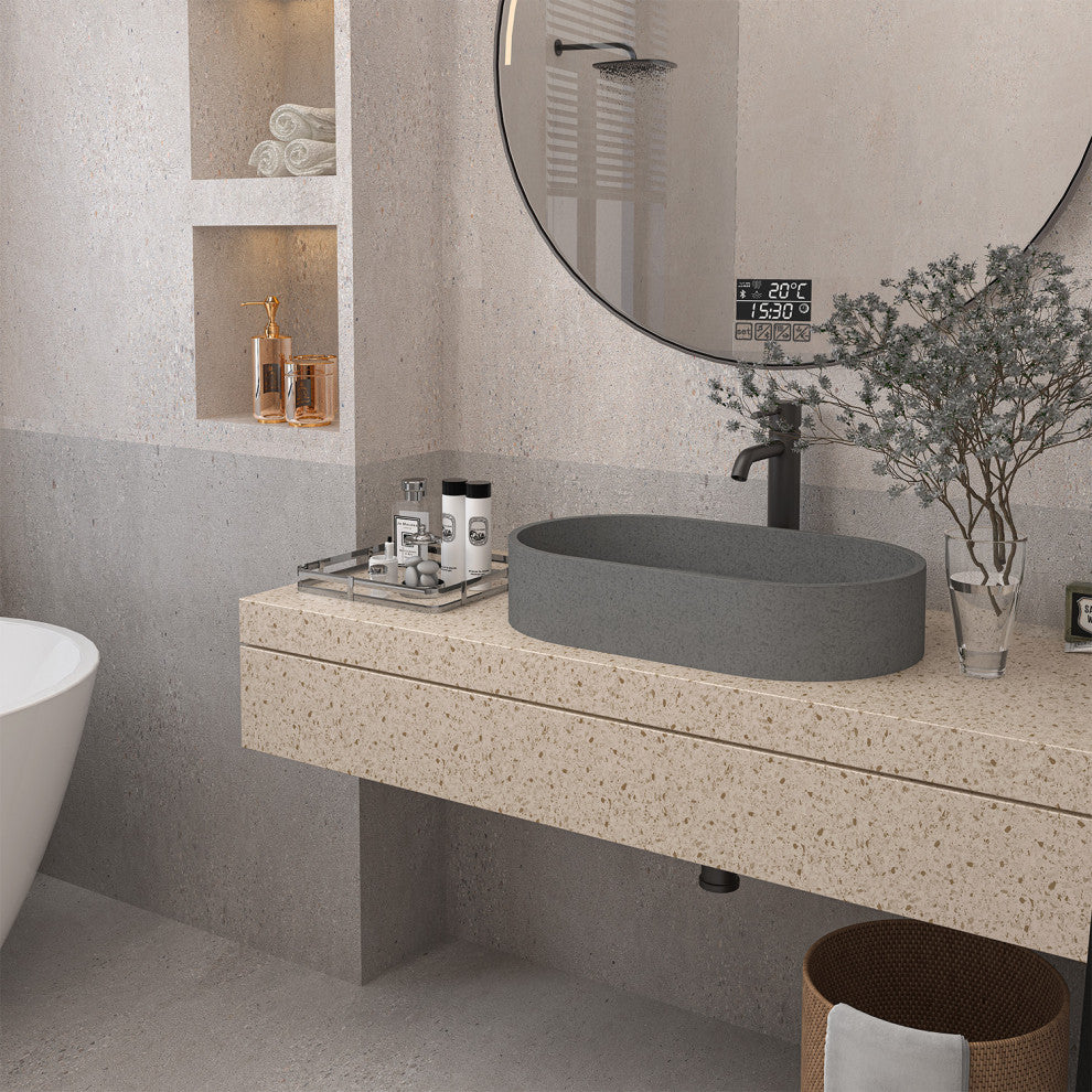 23in Bathroom Concrete Oval Vessel Sink with Drainer, Mottled Bluish Grey