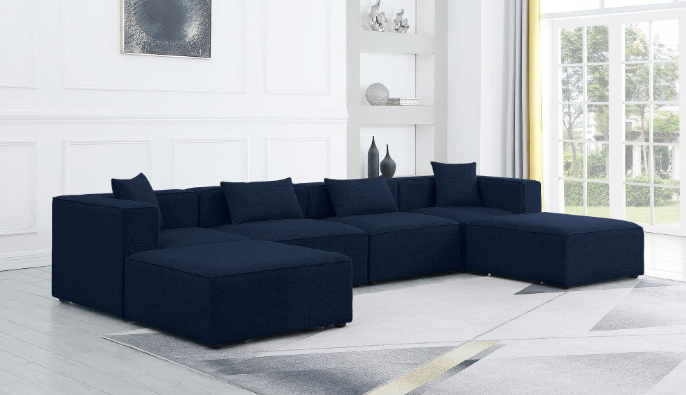 Cube Upholstered Modular Sectional, Navy, 6-Piece: 2 Armless Chair, 2 Corner Chair, 2 Ottoman, Linen Texured Fabric