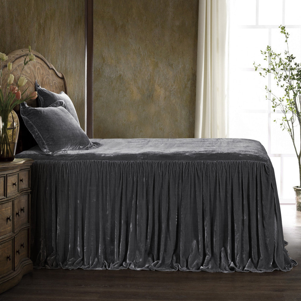 Stella Faux Silk Velvet Bedspread Set, 3PC, Slate, King