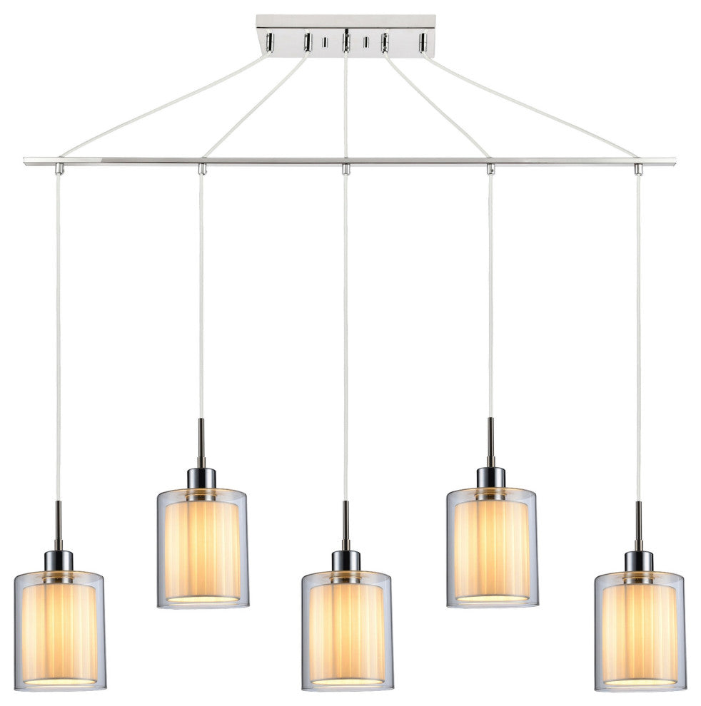 Alaina 5L Linear Pendant, Clear Glass/Off-White Pleated Shade