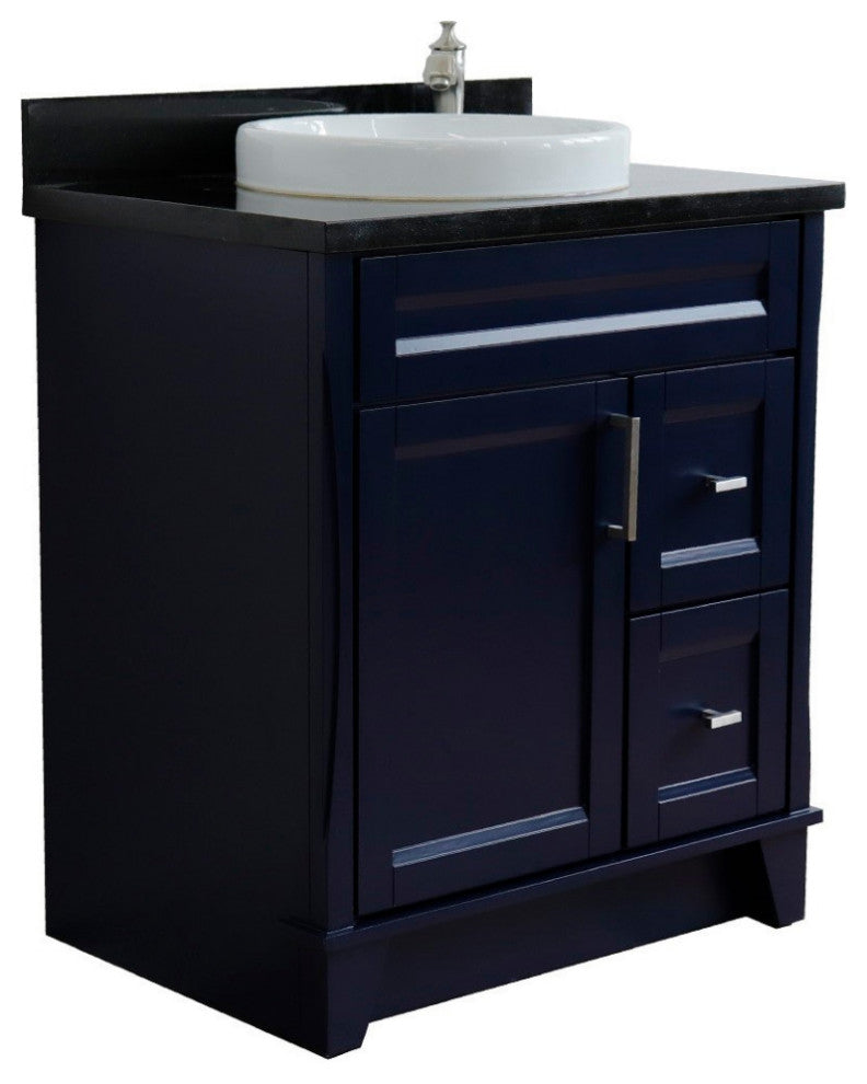 31" Single Sink Vanity, Blue Finish With Black Galaxy Granite With Round Sink