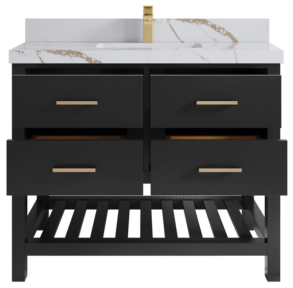 Parker 42" Single Sink Bath Vanity, Black 2" Calacatta Gold