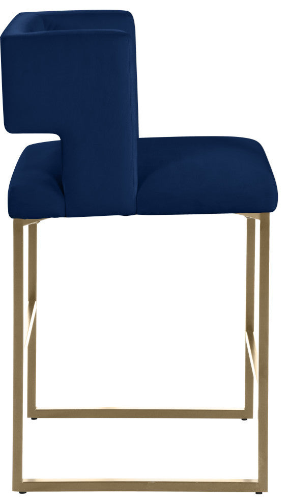 Caleb Upholstered Counter Stool, Set of 2, Navy, Velvet, Brushed Gold