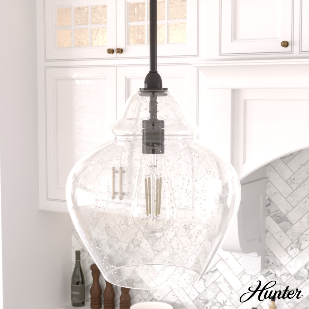 Hunter 12" Dunshire Noble Bronze, Seeded Glass 1 Light Pendant Ceiling