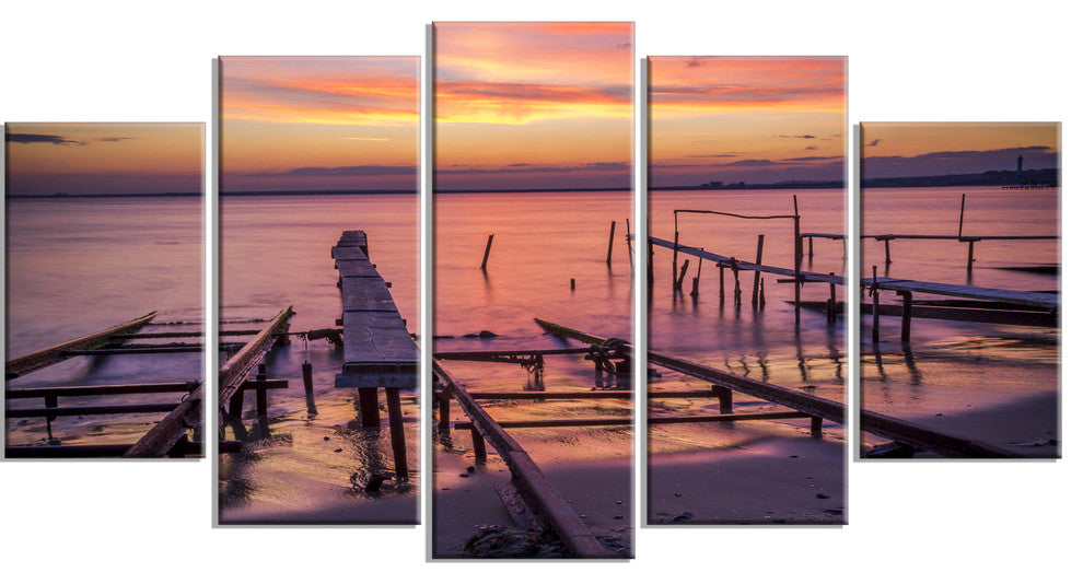 Fishing Pier in Sea at Sunset, Seashore Canvas Art Print, 60"x32", 5 Panels