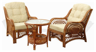 Malibu 3-Piece Rattan Wicker Living Room Set With Cushions, Colonial/Cream