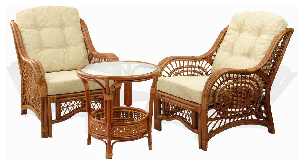 Malibu 3-Piece Rattan Wicker Living Room Set With Cushions, Colonial/Cream