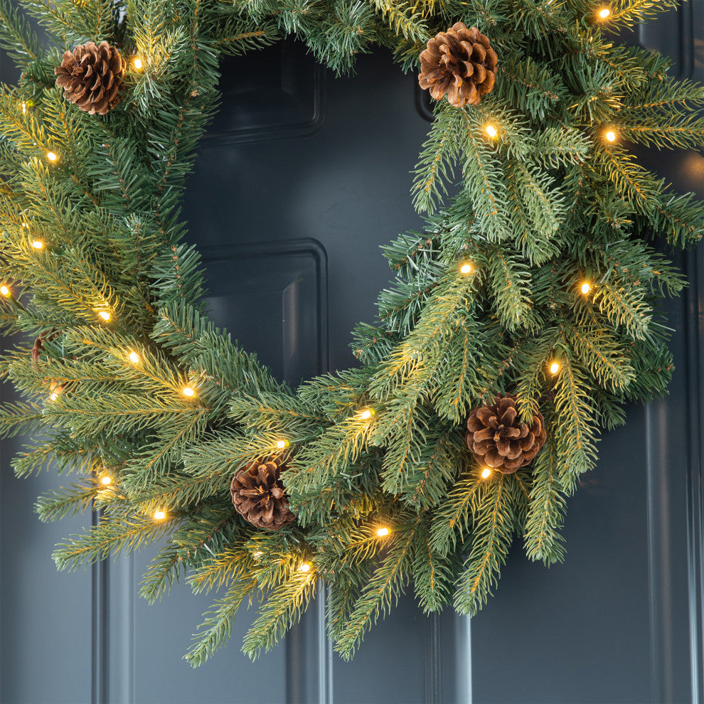 24"D Pre-Lit Greenery Pine Cone Christmas Wreath With Warm White LED Light