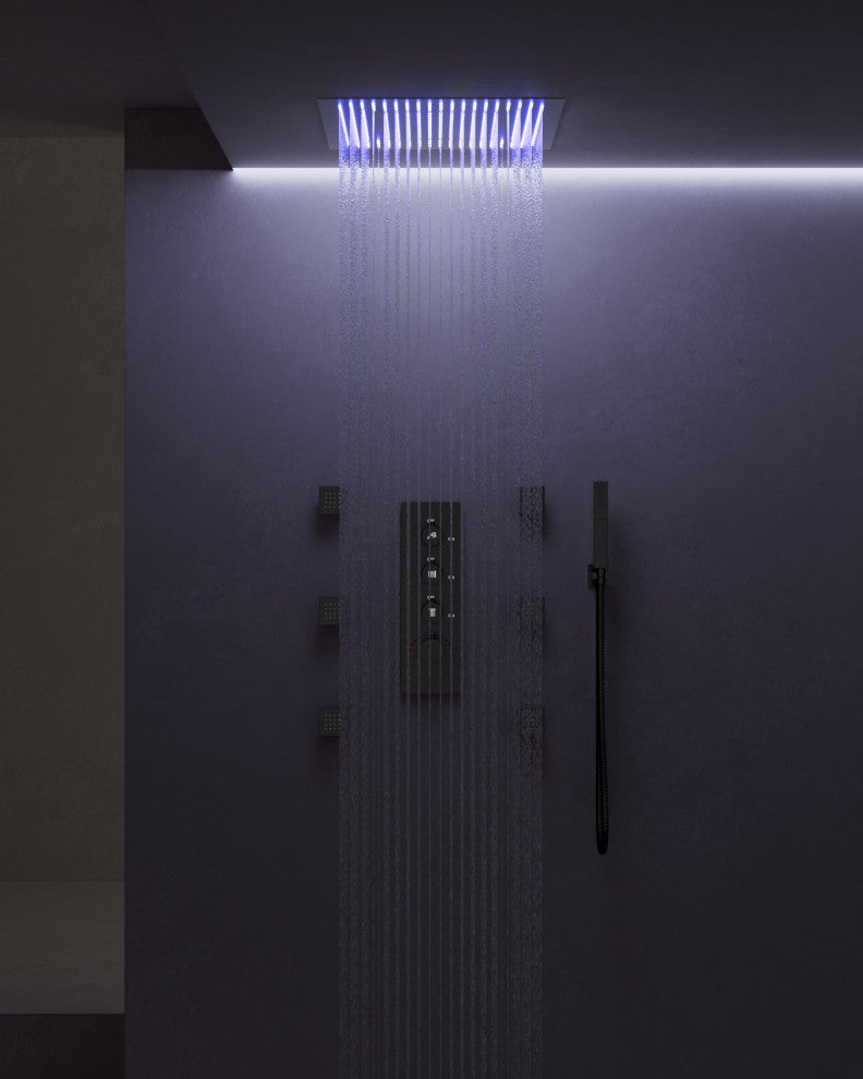 Thermostatic Shower Faucet LED 20" Rain Shower Head with 6 Body Jets, Matte Black