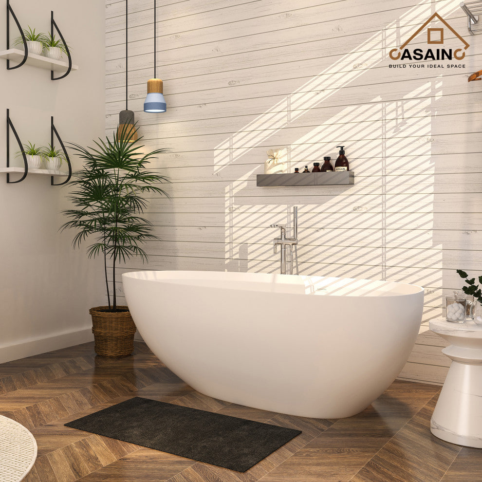 71in White Solid Surface Oval Freestanding Soaking Bathtub with Drain, 63in