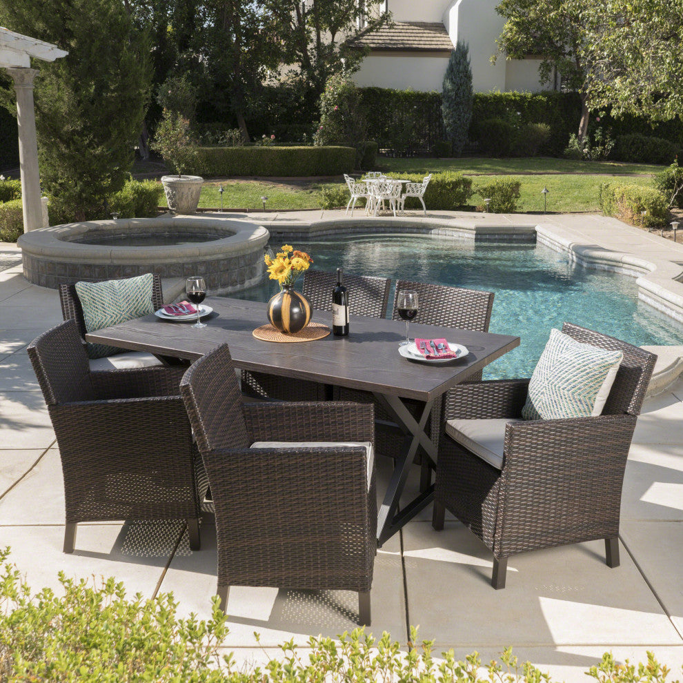 GDF Studio 7-Piece Blane Outdoor Gray Dining Set, Multi-Brown/Light Brown