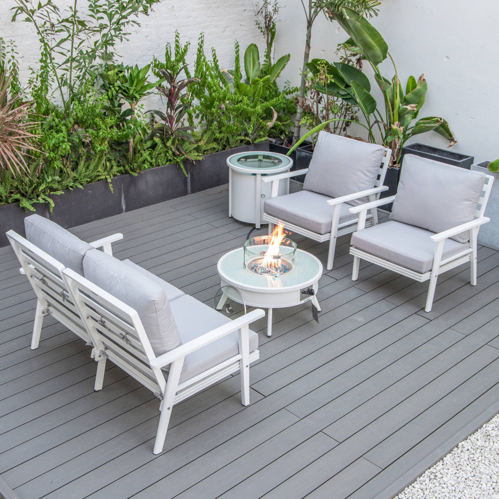 LeisureMod Walbrooke Patio Conversation Set With Fire Pit Table, Light Grey