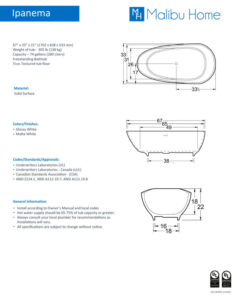Malibu Ipanema Oval Soaking Bathtub 67x33x21 Glossy White