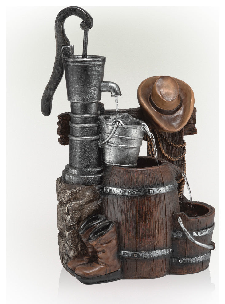 Pump and Barrel Fountain with Cowboy Hat