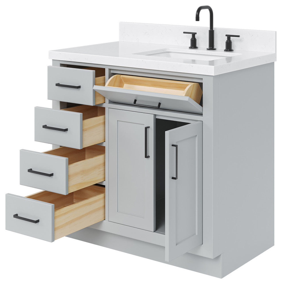 Ariel Hepburn 36" Right Offset Single Rectangle Sink Vanity, Carrara Quartz