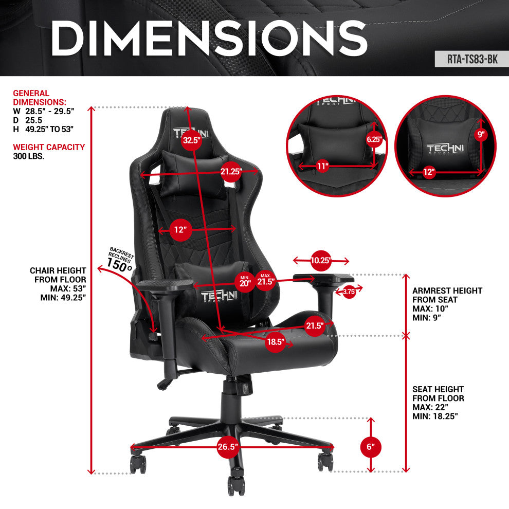 Ts-83 Ergonomic High Back Racer Style Gaming Chair, Black