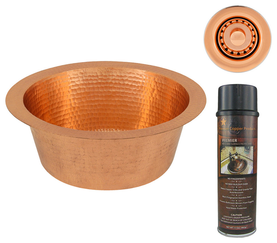 12" Round Hammered Copper Bar Sink, 2" Drain Opening, Polished Copper