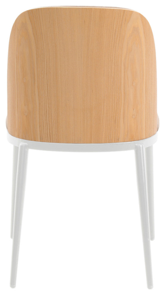 LeisureMod Tule Dining Chair With Upholstered Seat and White Steel Frame, Natural Wood/Brown
