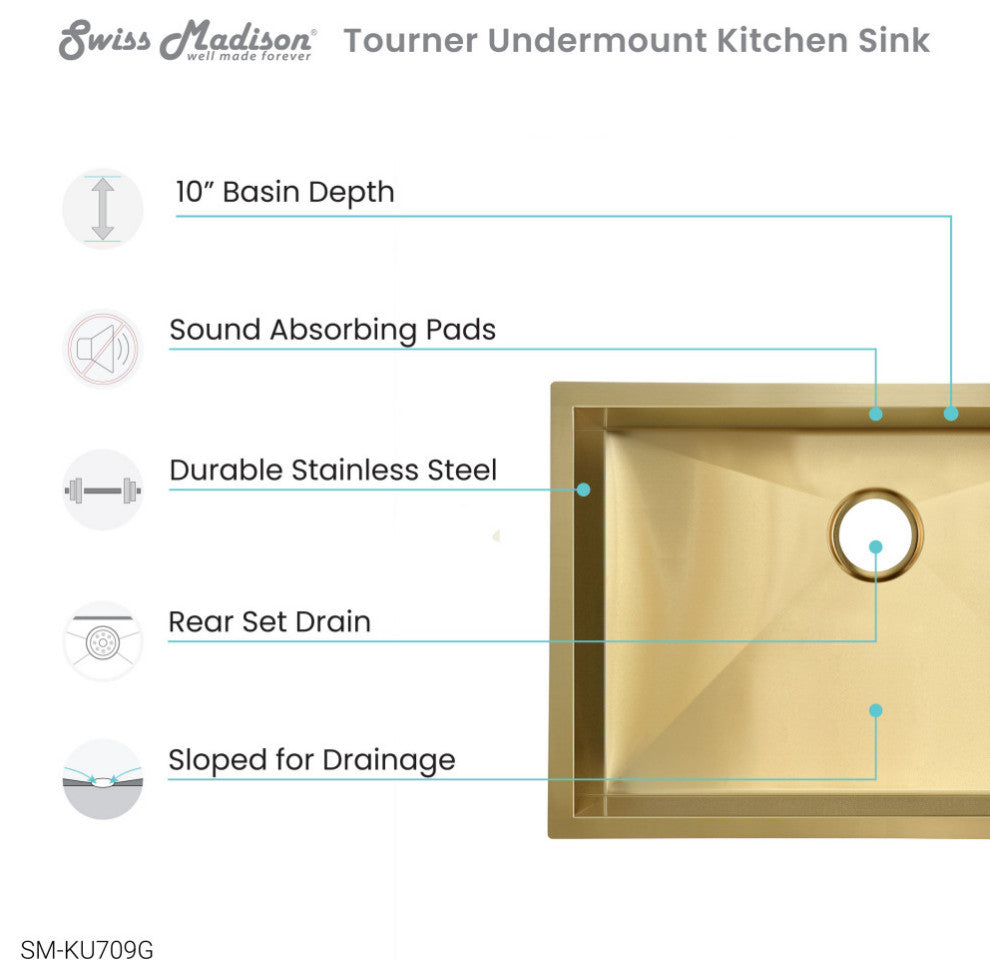 Plaisir 27"x19" Stainless Steel, Undermount Kitchen Sink, Gold