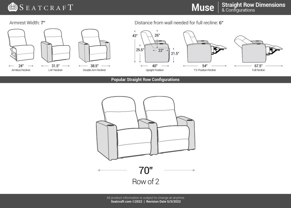 Seatcraft Muse Home Theater Seating, Black, Row of 2