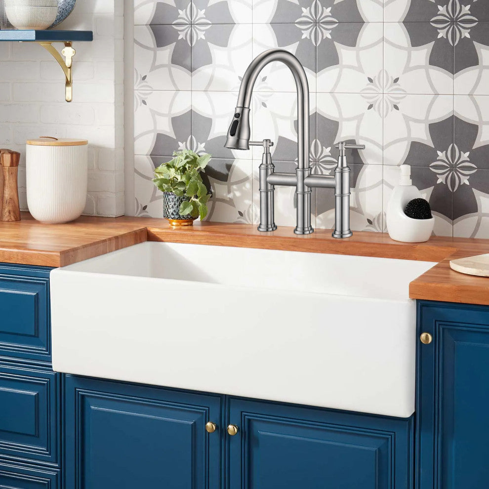 36" L X 20" W Farmhouse Kitchen Sink With Grid and Strainer