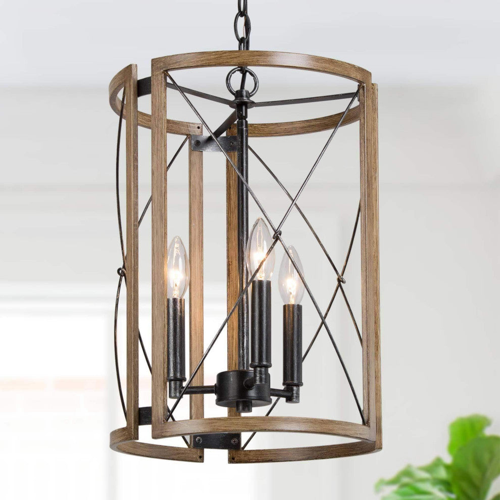 4-Lights Matte Black and Wood Tone Farmhouse Chandelier For Chateau