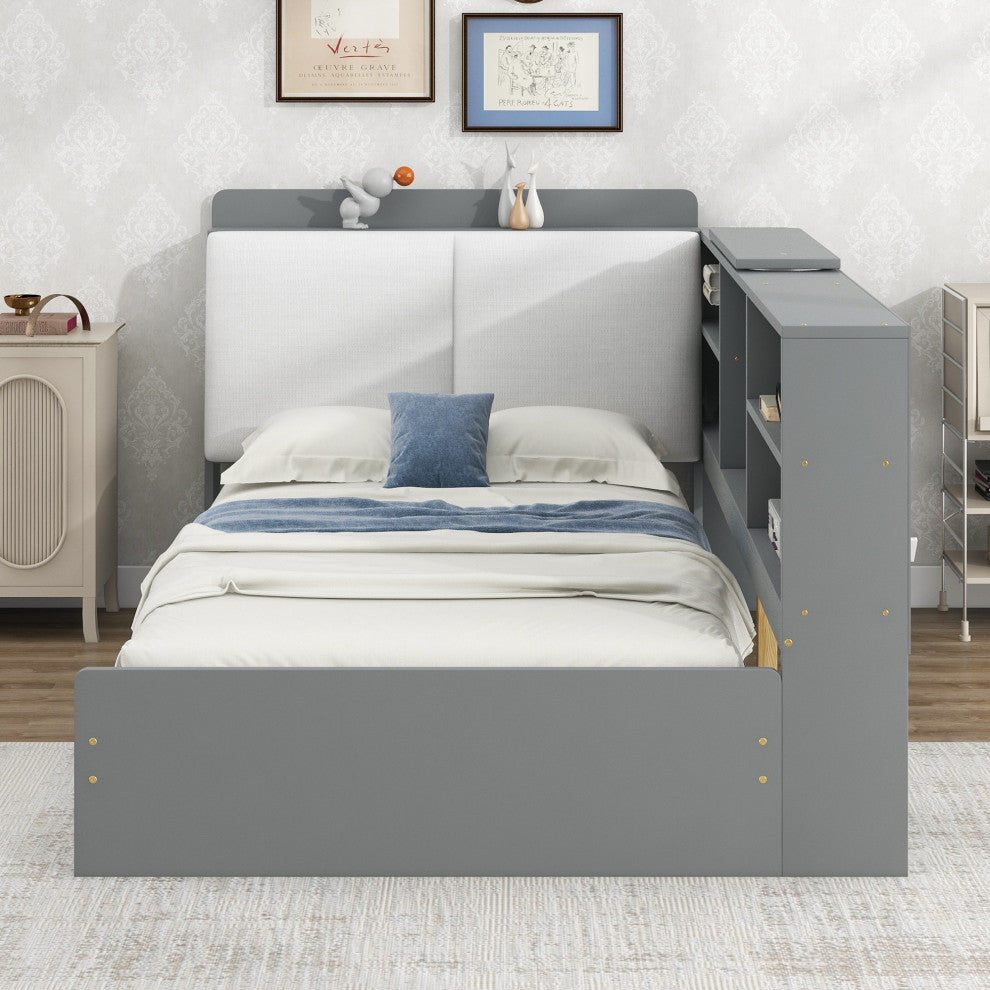Gewnee Wood Twin Size platform bed with Storage Headboard