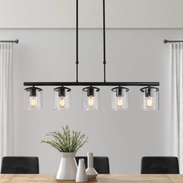 LALUZ 37" 5-Light Black and Clear Glass Modern Linear Pendant Lighting