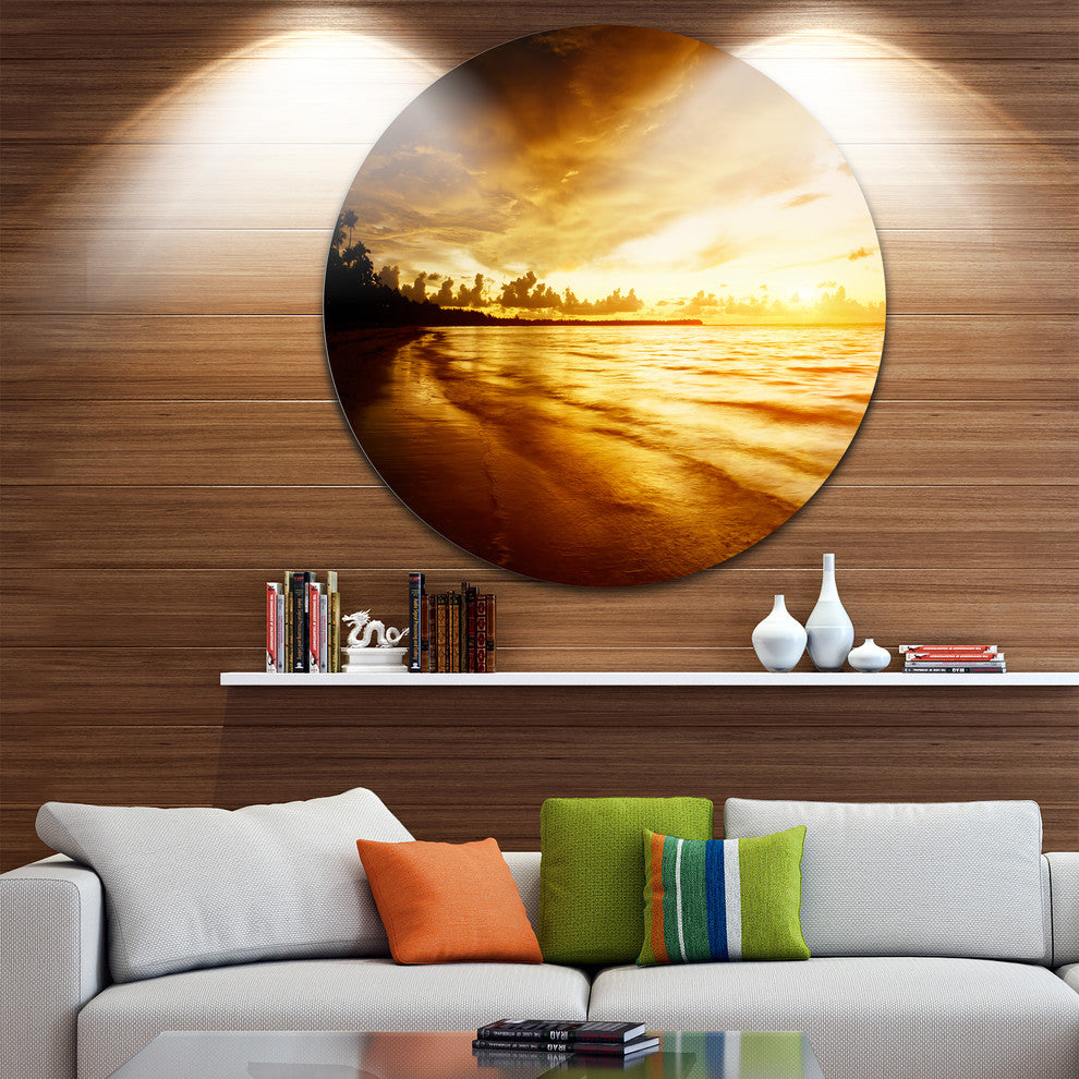 Fascinating Caribbean Beach In Yellow, Seashore Disc Metal Artwork, 36"