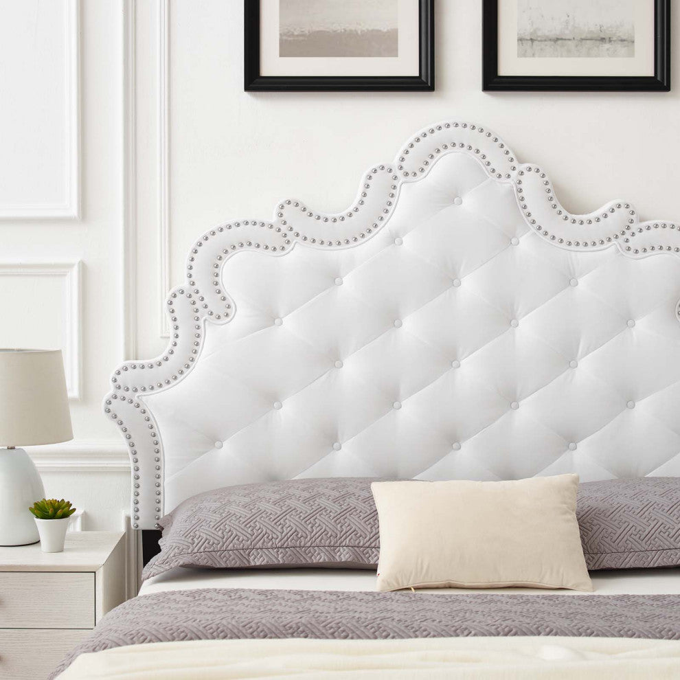 Tufted Headboard, Nailhead, Twin Size, White, Velvet, Modern, Mid Century Guest