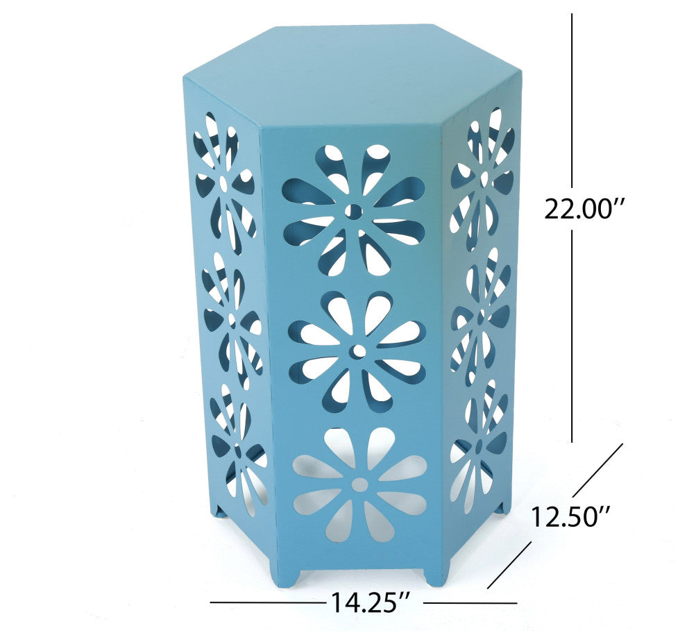 GDF Studio Girra Indoor 14" Iron Floral Side Table, Matte Blue