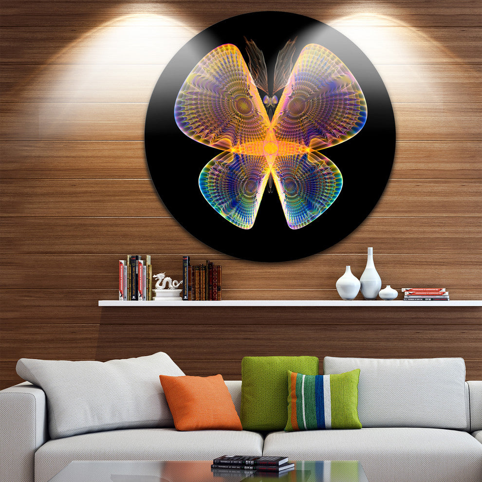 Blue Yellow Fractal Butterfly In Dark, Abstract Art Round Wall Art, 11"