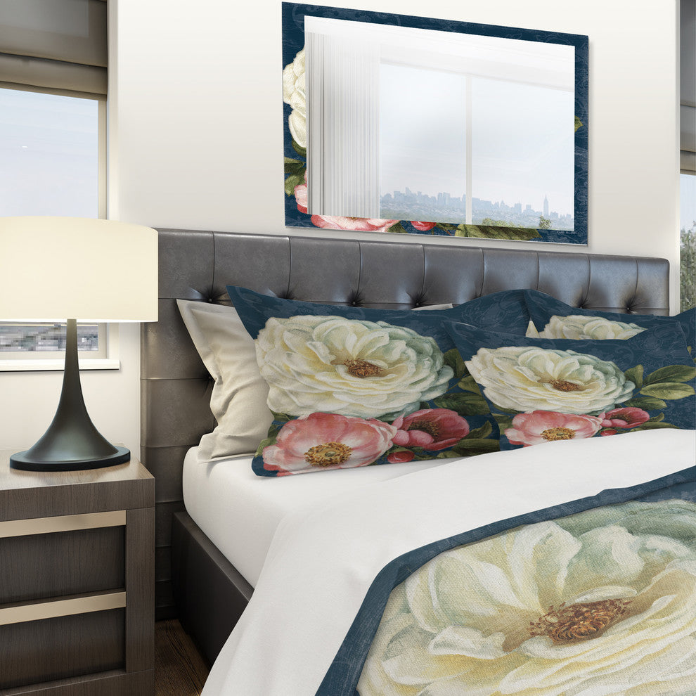 White and Pink Damask Rose Flowers Duvet Cover Set, Twin