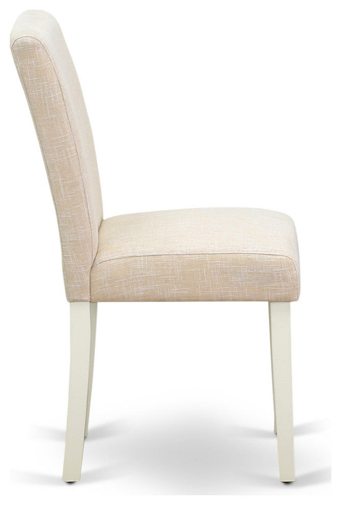 5Pc Rounded 42" Dining Table, Four Parson Chair, White Leg, Fabric Light Beige