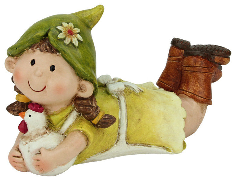 Young Girl Gnome Lounging With Chicken Spring Outdoor Garden Patio Figure, 8"