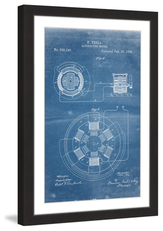 "AC Motor 1896 Blueprint" Framed Painting Print