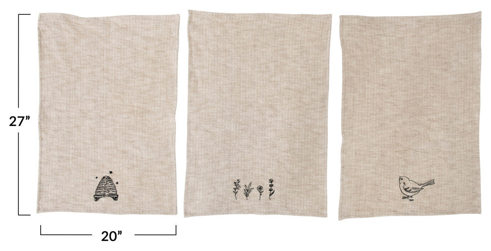 Linen and Cotton Slub Embroidered Tea Towel, Set of 3