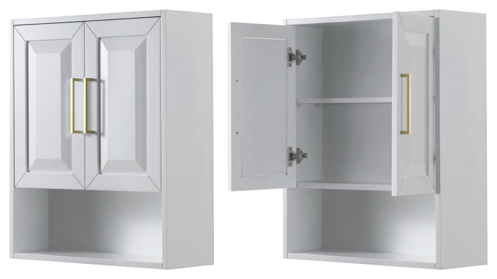 Daria Bathroom Wall-Mounted Storage Cabinet, White With Brushed Gold Trim