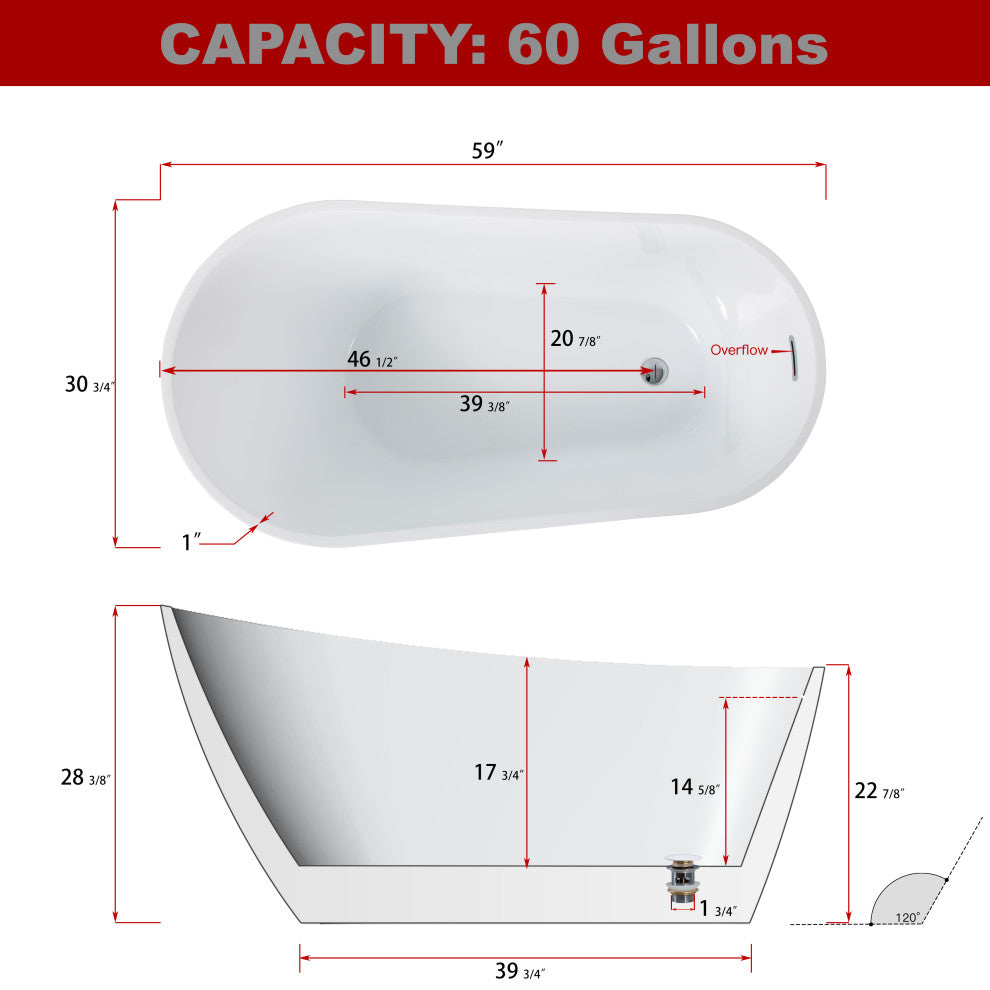 Acrylic Freestanding Bathtub With Drain and Overflow cover, Glossy White, 59"