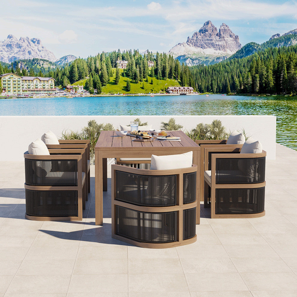 7 Pieces Outdoor Dining Set For 6 with Rectangle Table & Rope Woven Armchair