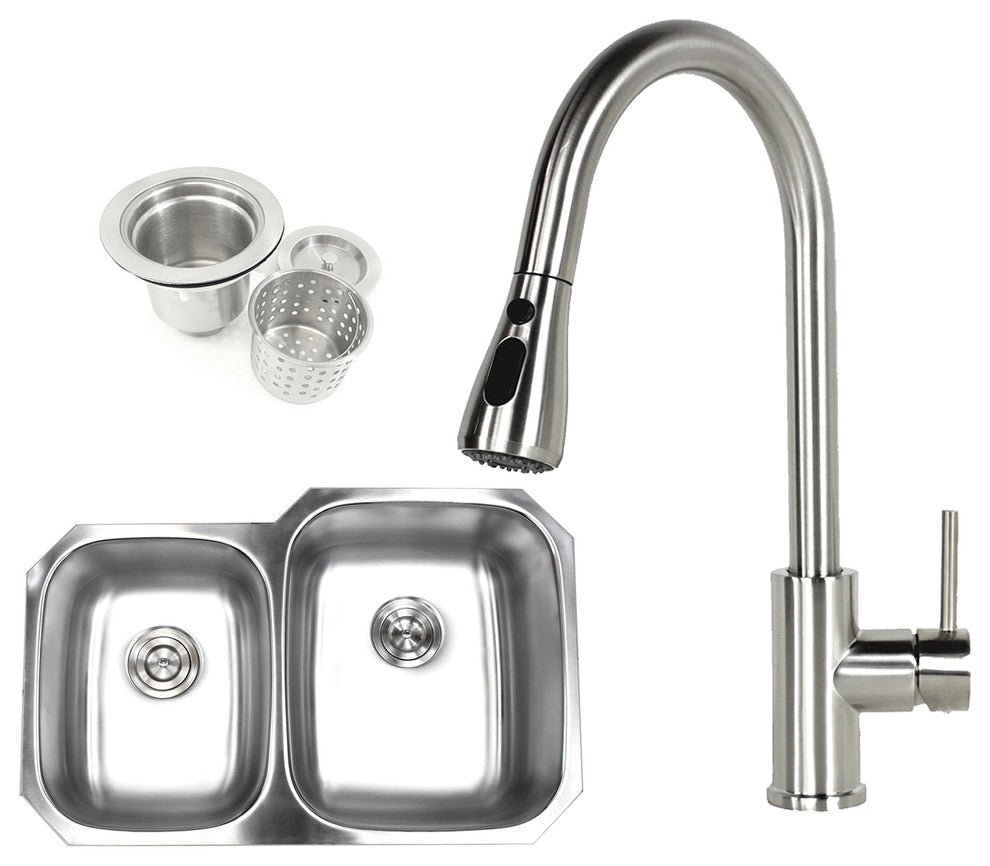 32" Undermount 40/60 Double Bowl 18G Stainless Steel Kitchen Sink/Faucet