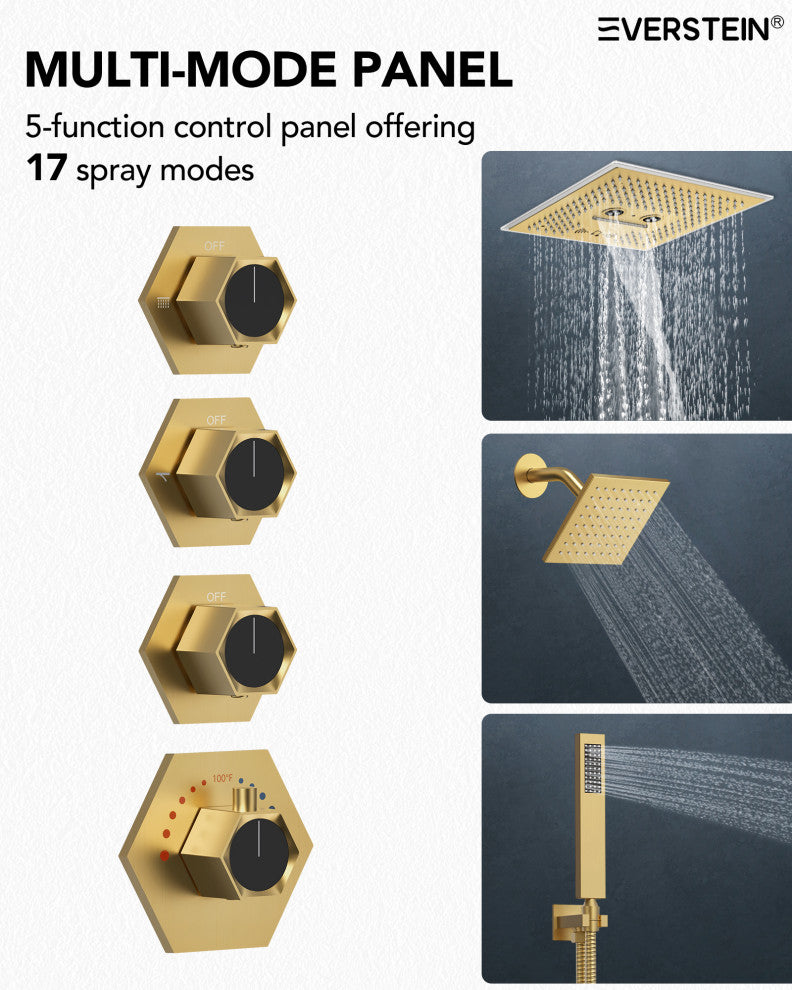 Music Shower System 16x6"Rainfall LED Shower Head With4 Way Thermostatic Faucet, Brushed Gold