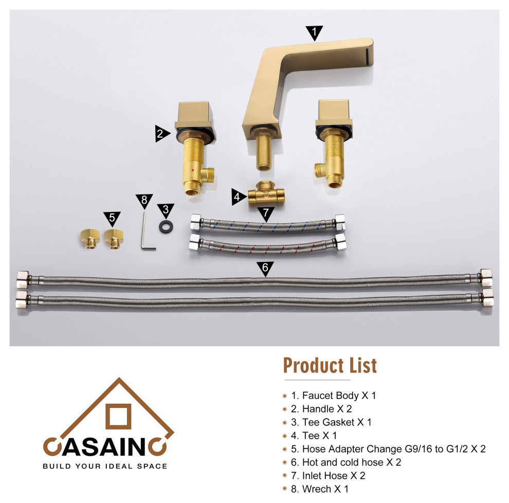 CASAINC Roman Tub 3 Hole Bathtub Sink Faucet Set Waterfall Spout, Brushed Gold